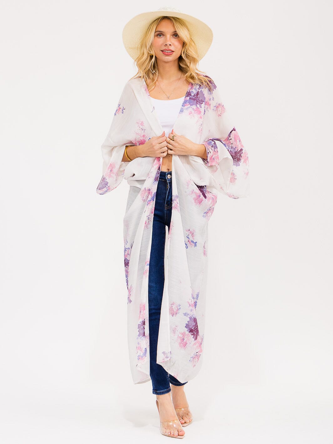 WOMEN'S SHORT SLEEVE OPEN FRONT FLORAL KIMONO