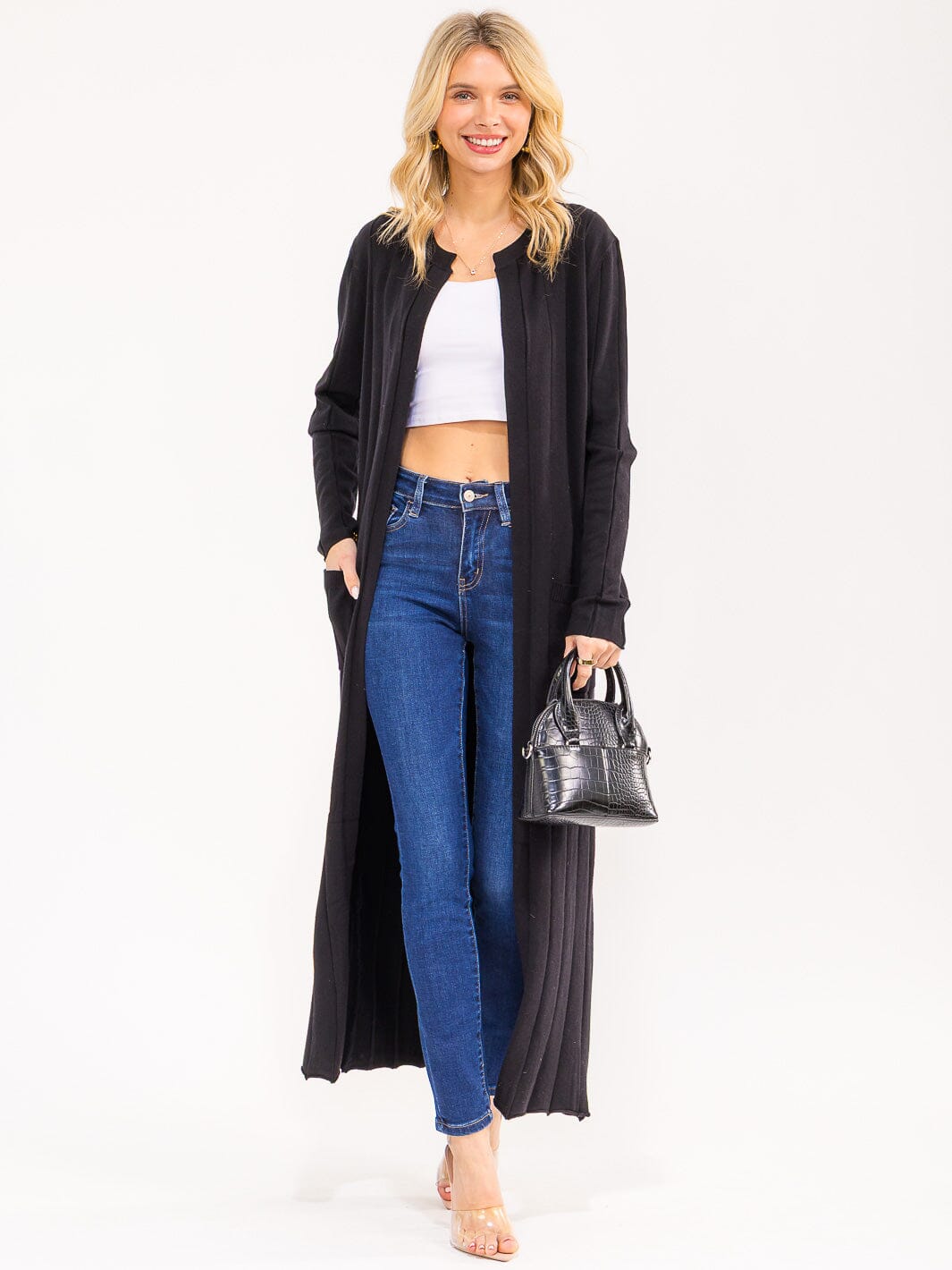 WOMEN'S LONG SLEEVE OPEN FRONT POCKETS RIBBED CARDIGAN