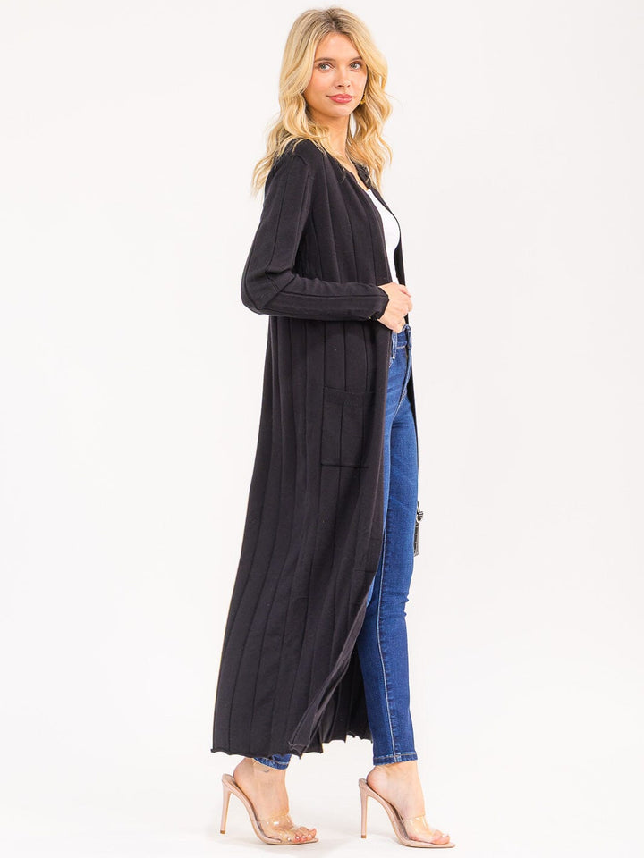 WOMEN'S LONG SLEEVE OPEN FRONT POCKETS RIBBED CARDIGAN