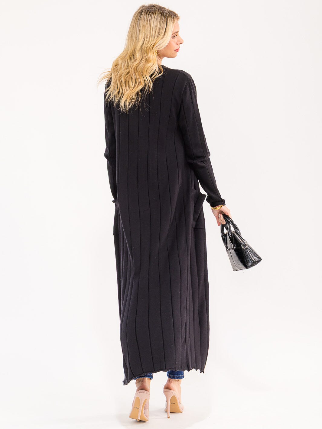 WOMEN'S LONG SLEEVE OPEN FRONT POCKETS RIBBED CARDIGAN