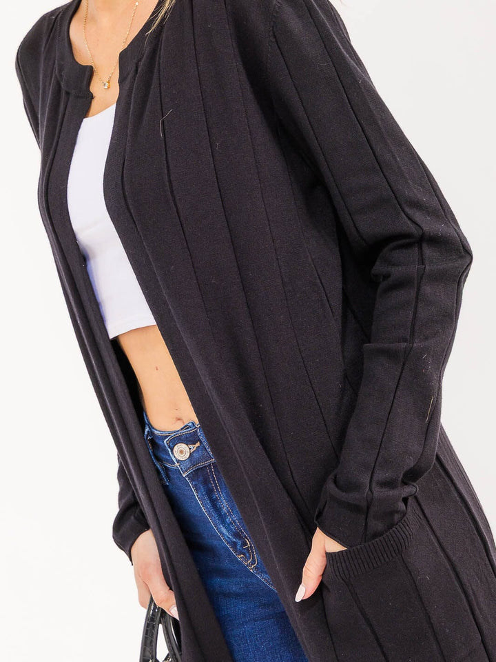 WOMEN'S LONG SLEEVE OPEN FRONT POCKETS RIBBED CARDIGAN