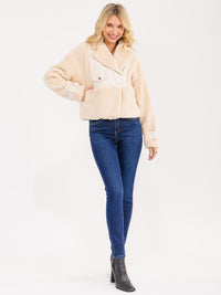 WOMEN'S LONG SLEEVE ZIP UP FRONT POCKETS SHERPA CONTRAST JACKET