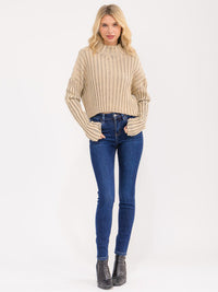 WOMEN'S LONG BELL SLEEVE MOCK NECK RIBBED PULLOVER SWEATER