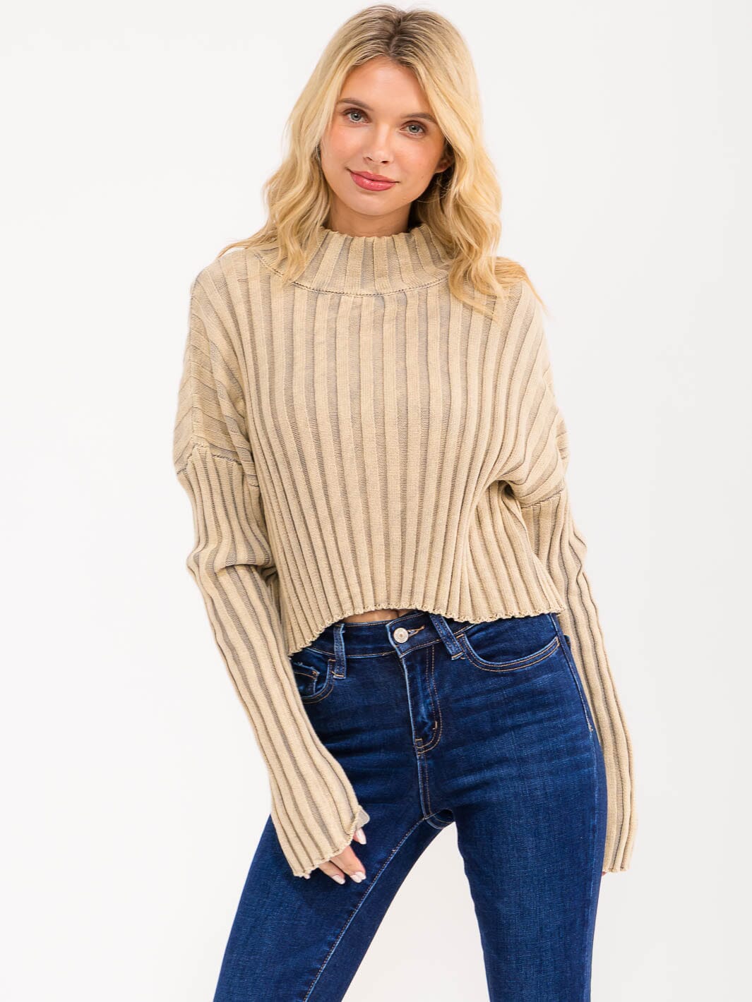 WOMEN'S LONG BELL SLEEVE MOCK NECK RIBBED PULLOVER SWEATER