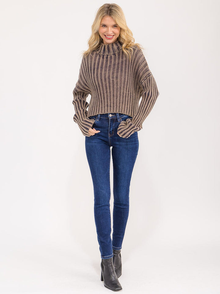 WOMEN'S LONG BELL SLEEVE MOCK NECK RIBBED PULLOVER SWEATER
