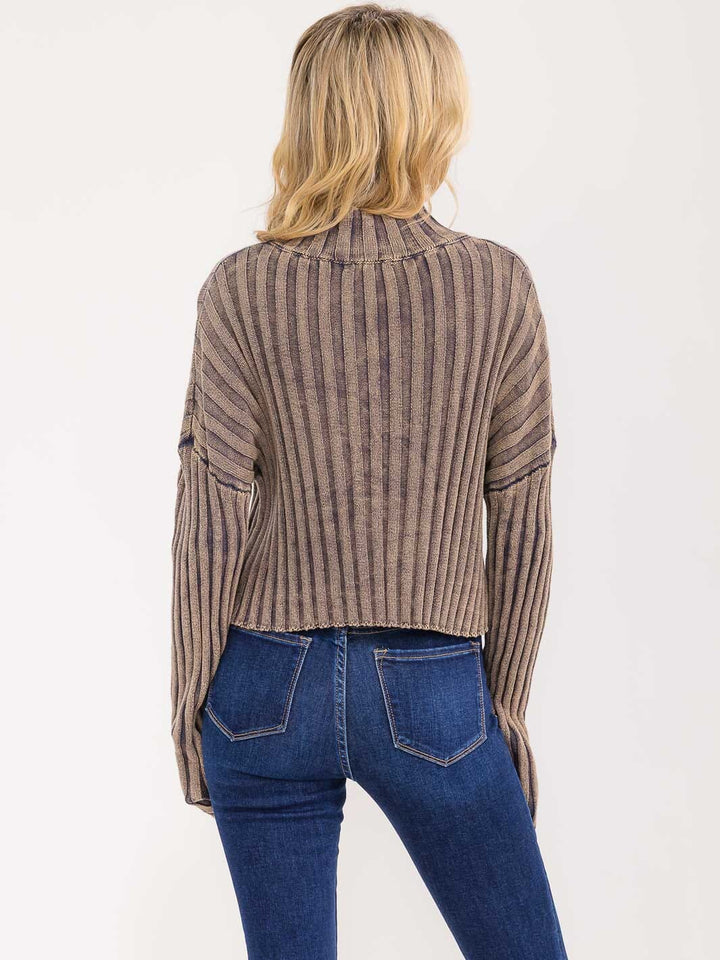 WOMEN'S LONG BELL SLEEVE MOCK NECK RIBBED PULLOVER SWEATER