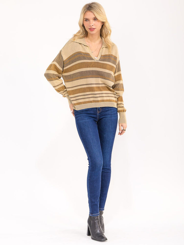 WOMEN'S LONG SLEEVE V-NECK STRIPES KNIT PULLOVER SWEATER