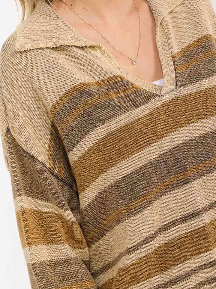 WOMEN'S LONG SLEEVE V-NECK STRIPES KNIT PULLOVER SWEATER