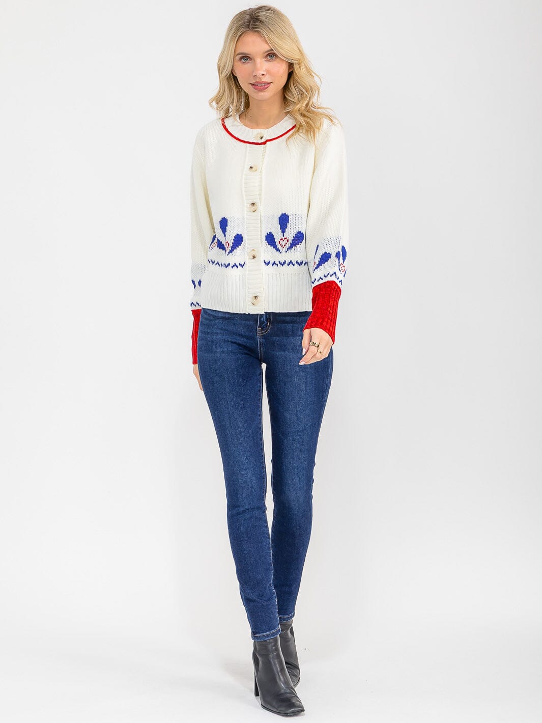 WOMEN'S LONG SLEEVE BUTTON UP MULTI PRINT SWEATER