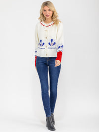 WOMEN'S LONG SLEEVE BUTTON UP MULTI PRINT SWEATER