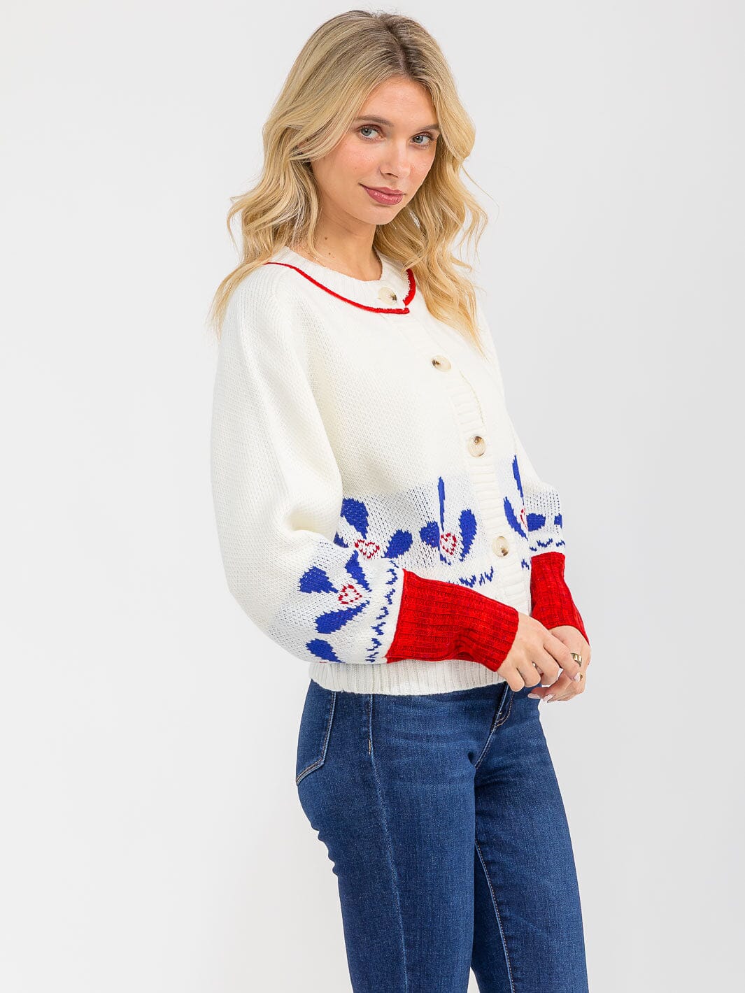 WOMEN'S LONG SLEEVE BUTTON UP MULTI PRINT SWEATER