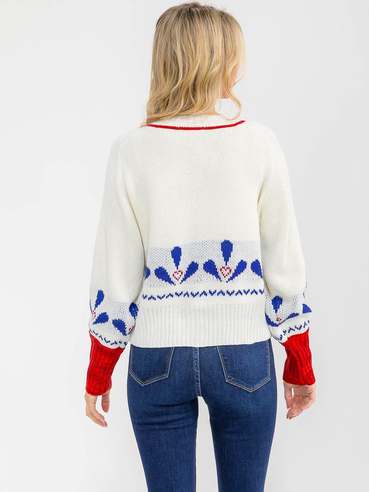 WOMEN'S LONG SLEEVE BUTTON UP MULTI PRINT SWEATER