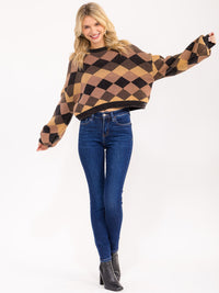 WOMEN'S LONG PUFF SLEEVE MULTI PRINT PULLOVER SWEATER