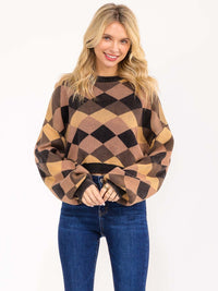 WOMEN'S LONG PUFF SLEEVE MULTI PRINT PULLOVER SWEATER
