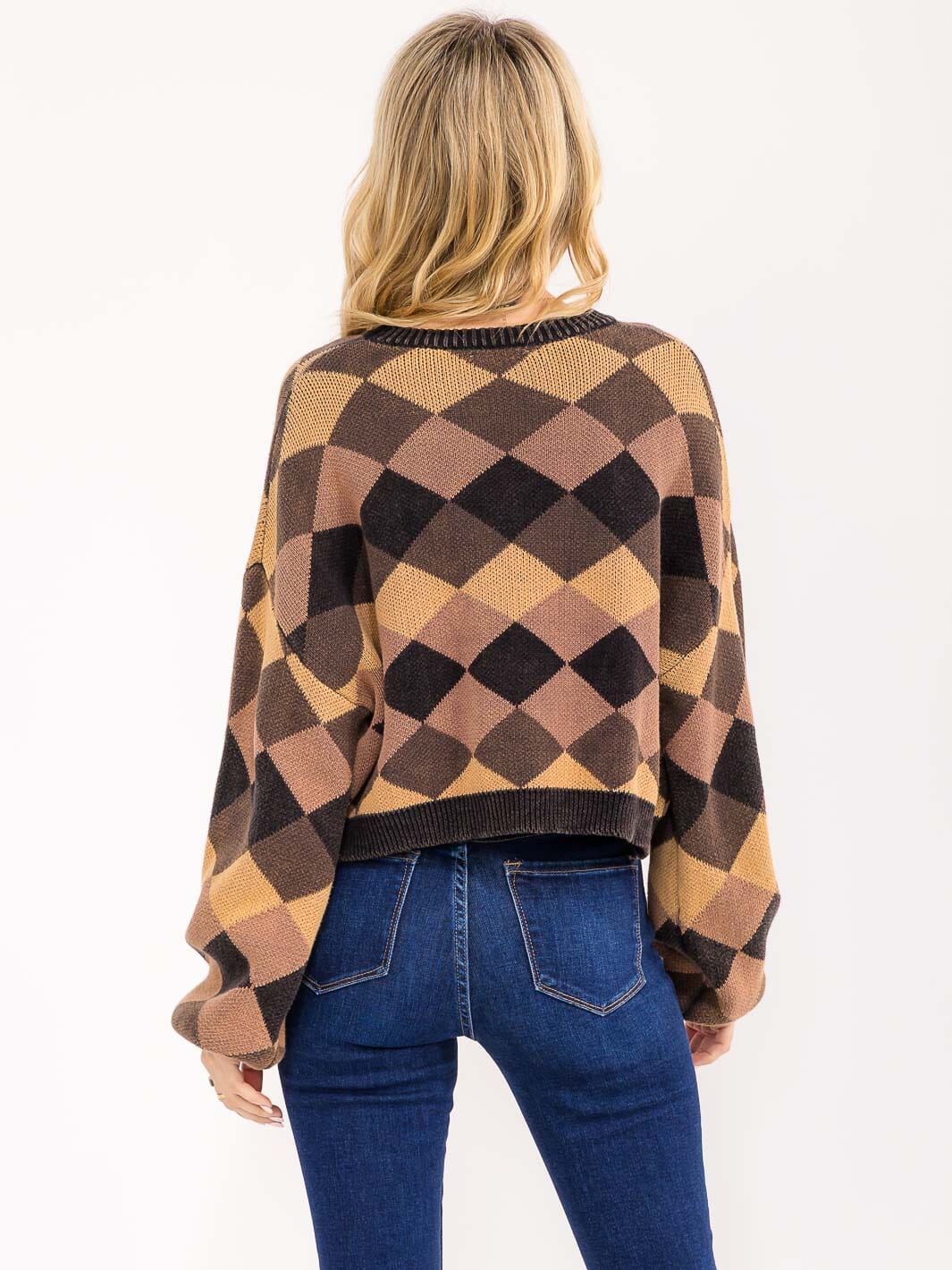 WOMEN'S LONG PUFF SLEEVE MULTI PRINT PULLOVER SWEATER