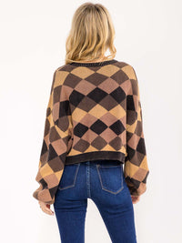 WOMEN'S LONG PUFF SLEEVE MULTI PRINT PULLOVER SWEATER