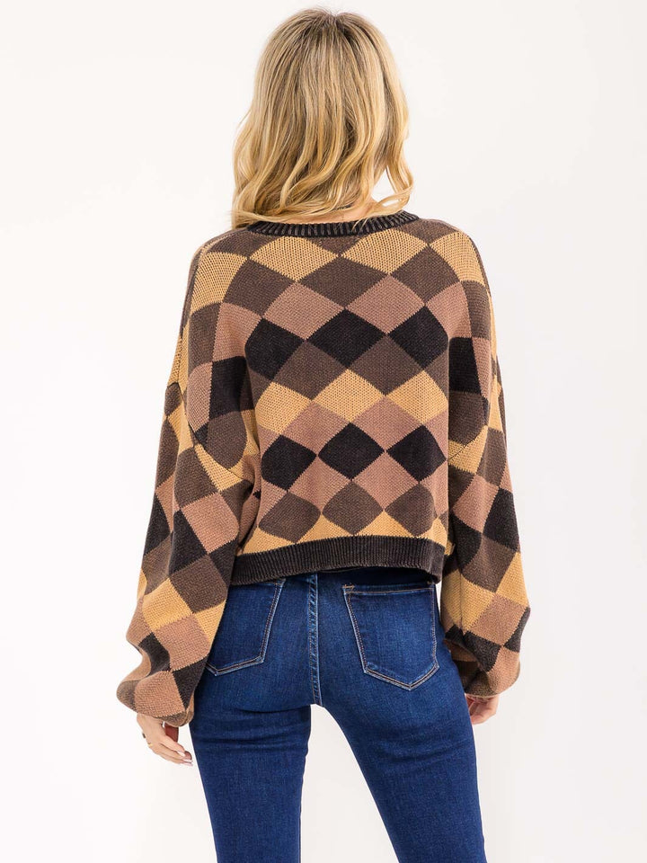 WOMEN'S LONG PUFF SLEEVE MULTI PRINT PULLOVER SWEATER