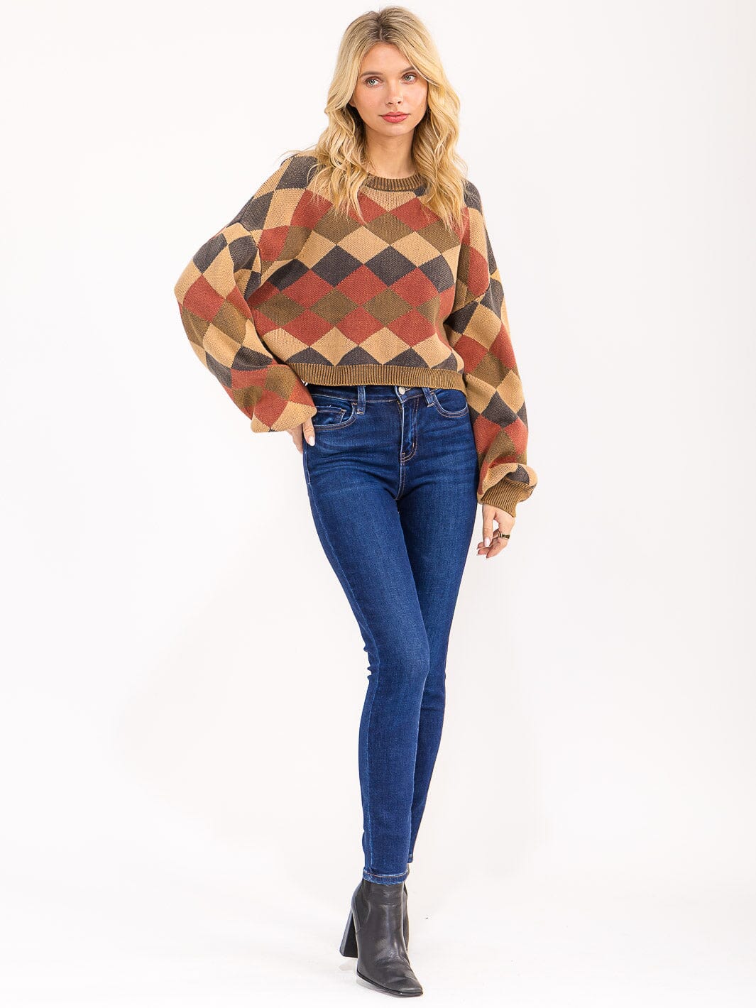 WOMEN'S LONG PUFF SLEEVE MULTI PRINT PULLOVER SWEATER