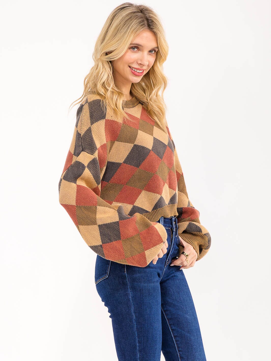 WOMEN'S LONG PUFF SLEEVE MULTI PRINT PULLOVER SWEATER