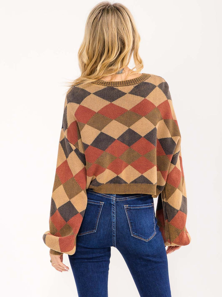 WOMEN'S LONG PUFF SLEEVE MULTI PRINT PULLOVER SWEATER