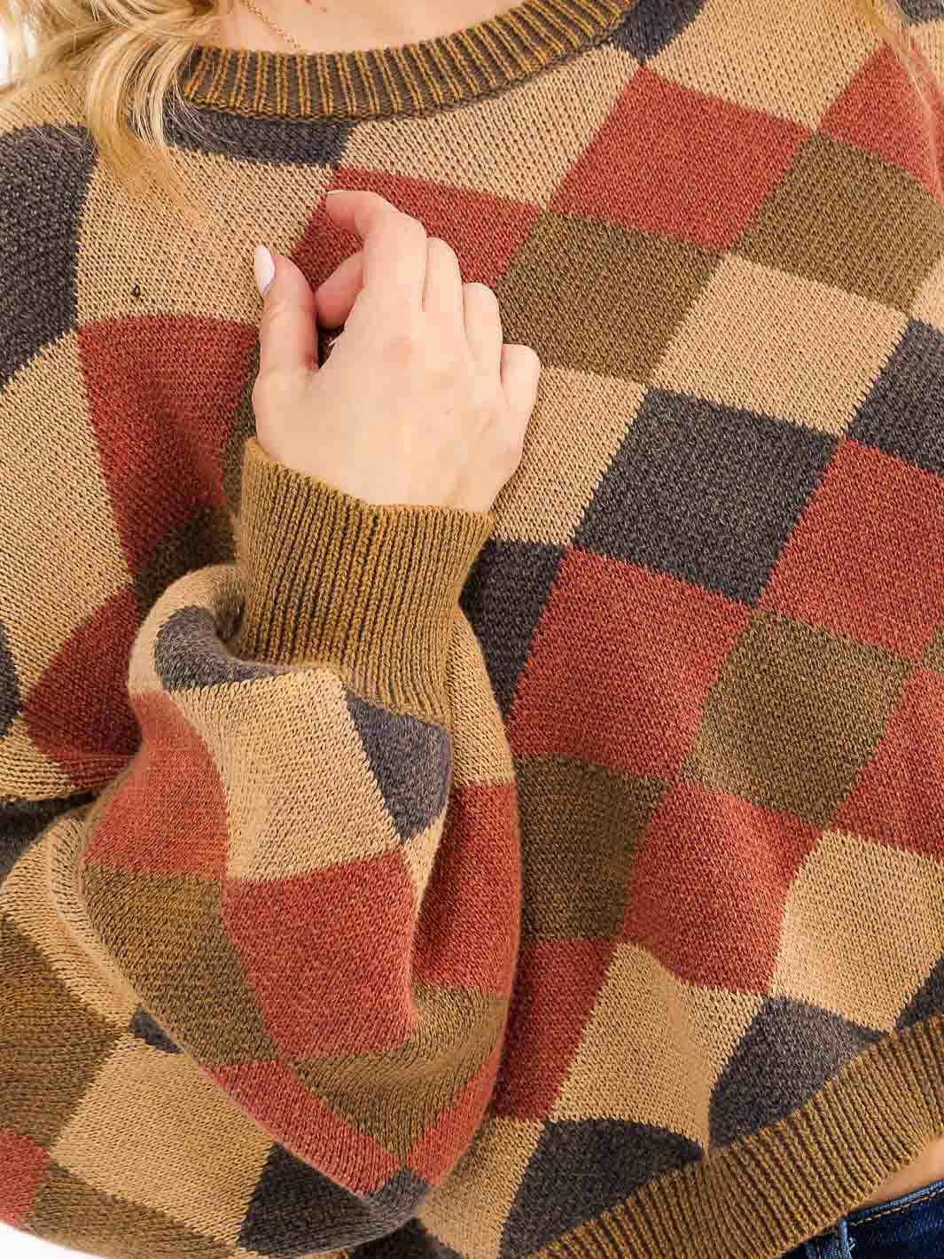 WOMEN'S LONG PUFF SLEEVE MULTI PRINT PULLOVER SWEATER