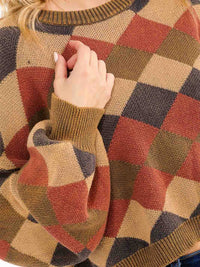 WOMEN'S LONG PUFF SLEEVE MULTI PRINT PULLOVER SWEATER