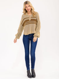 WOMEN'S LONG SLEEVE BUTTON CLOSURE STRIPES KNIT PULLOVER SWEATER
