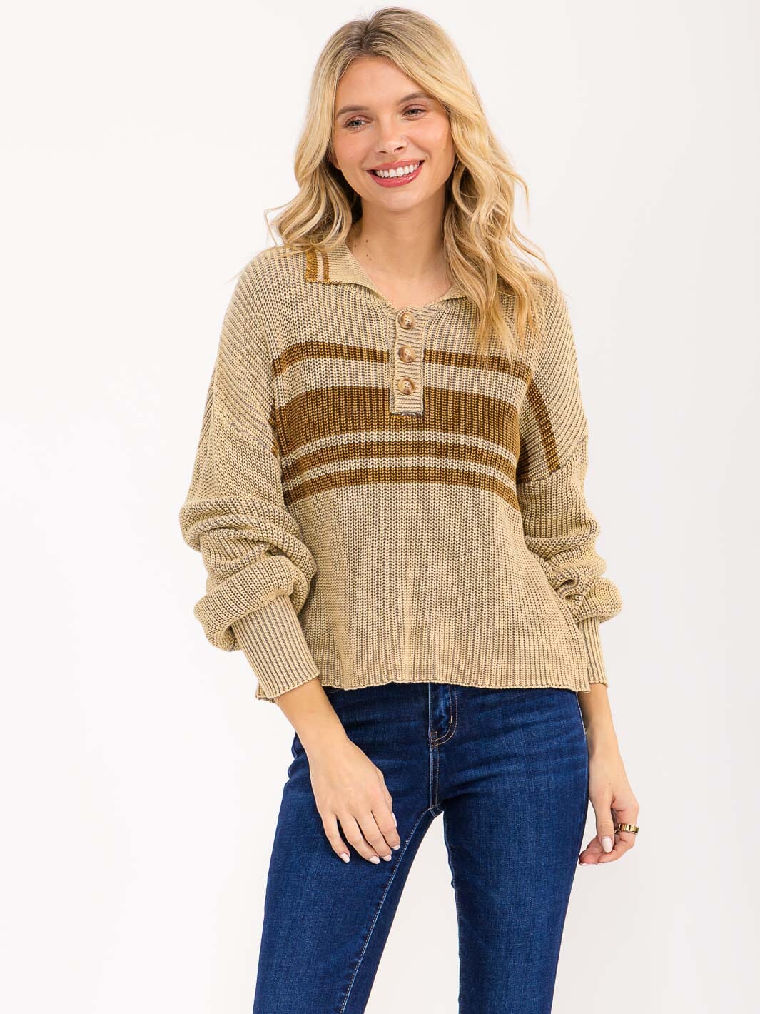 WOMEN'S LONG SLEEVE BUTTON CLOSURE STRIPES KNIT PULLOVER SWEATER