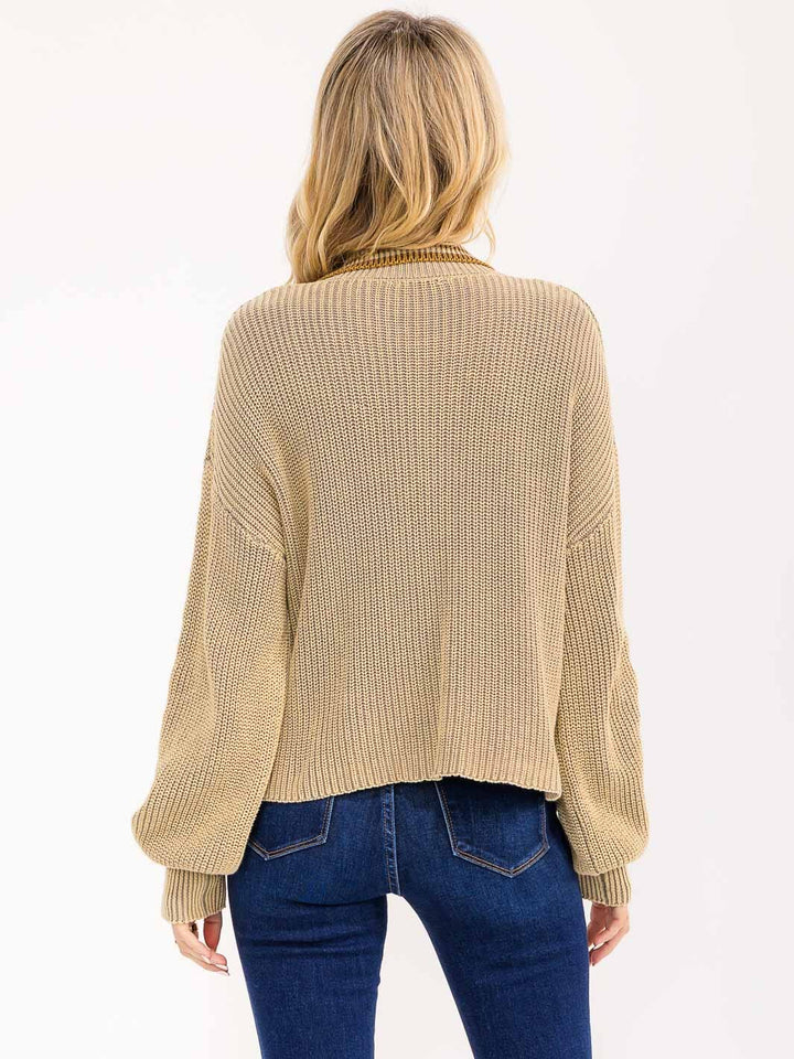 WOMEN'S LONG SLEEVE BUTTON CLOSURE STRIPES KNIT PULLOVER SWEATER