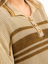 WOMEN'S LONG SLEEVE BUTTON CLOSURE STRIPES KNIT PULLOVER SWEATER