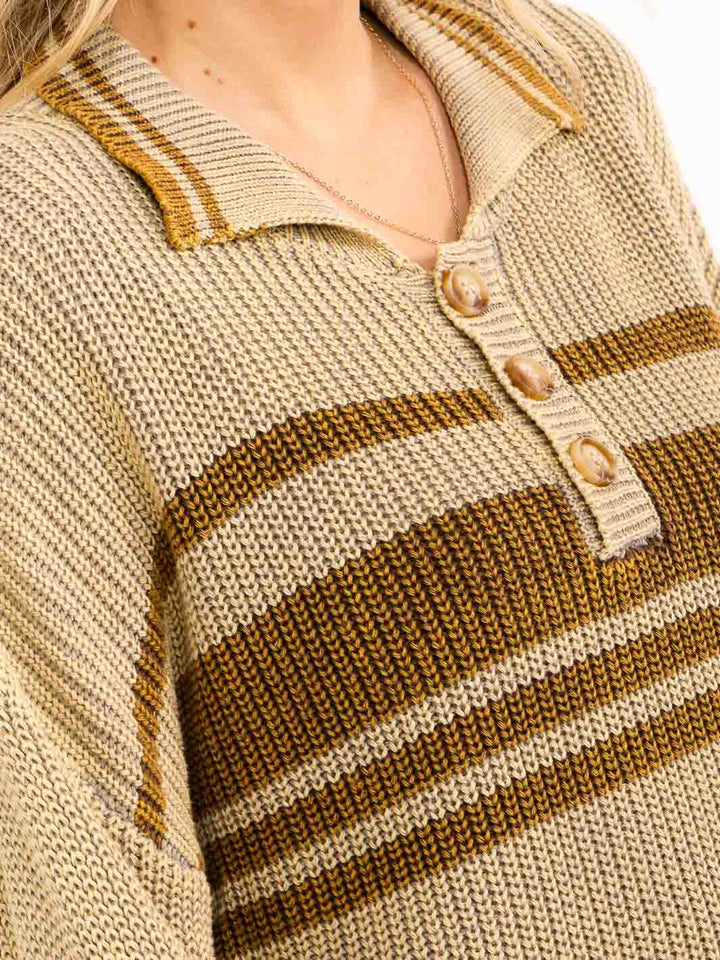 WOMEN'S LONG SLEEVE BUTTON CLOSURE STRIPES KNIT PULLOVER SWEATER