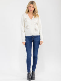 WOMEN'S LONG SLEEVE BUTTON UP STUDS KNIT SWEATER