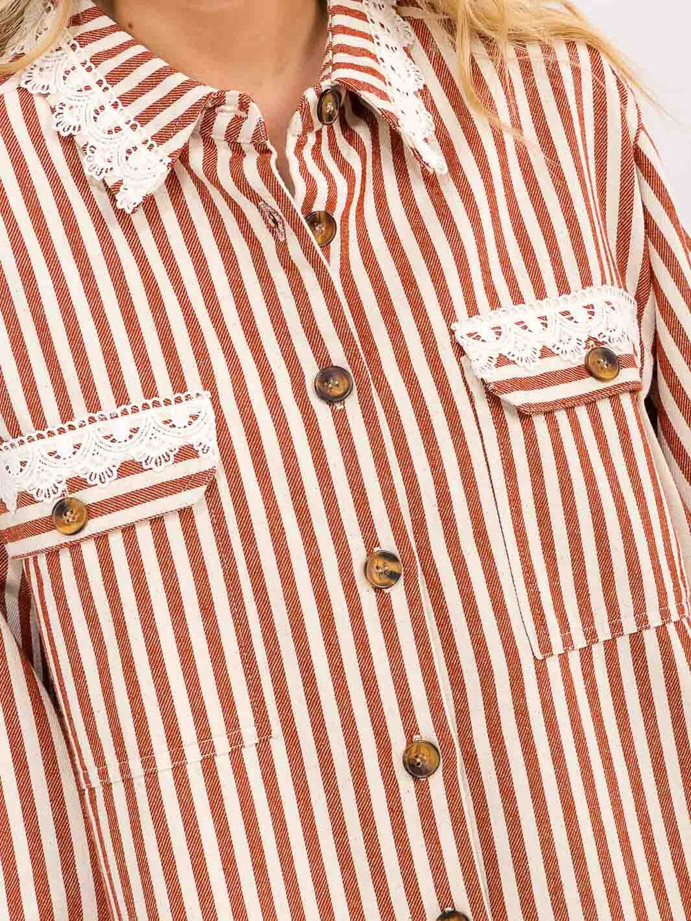 WOMEN'S LONG SLEEVE BUTTON UP FRONT POCKETS STRIPES DENIM TOP