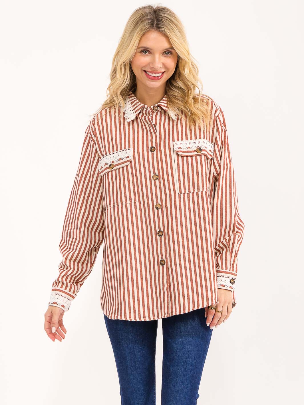 WOMEN'S LONG SLEEVE BUTTON UP FRONT POCKETS STRIPES DENIM TOP