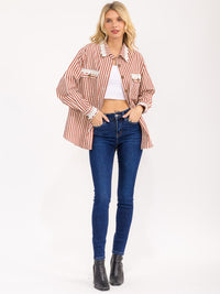 WOMEN'S LONG SLEEVE BUTTON UP FRONT POCKETS STRIPES DENIM TOP