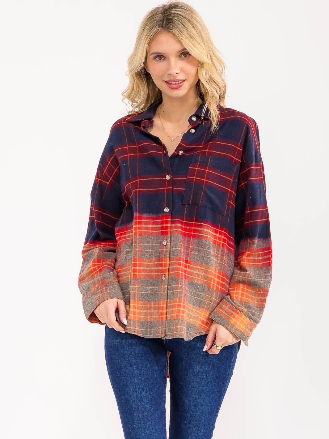 WOMEN'S LONG SLEEVE BUTTON UP FRONT POCKET PLAID TOP