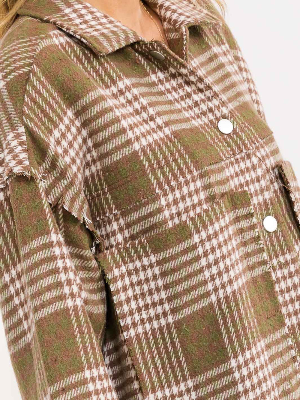 WOMEN'S LONG SLEEVE BUTTON CLOSURE FRONT POCKETS PLAID SHACKET