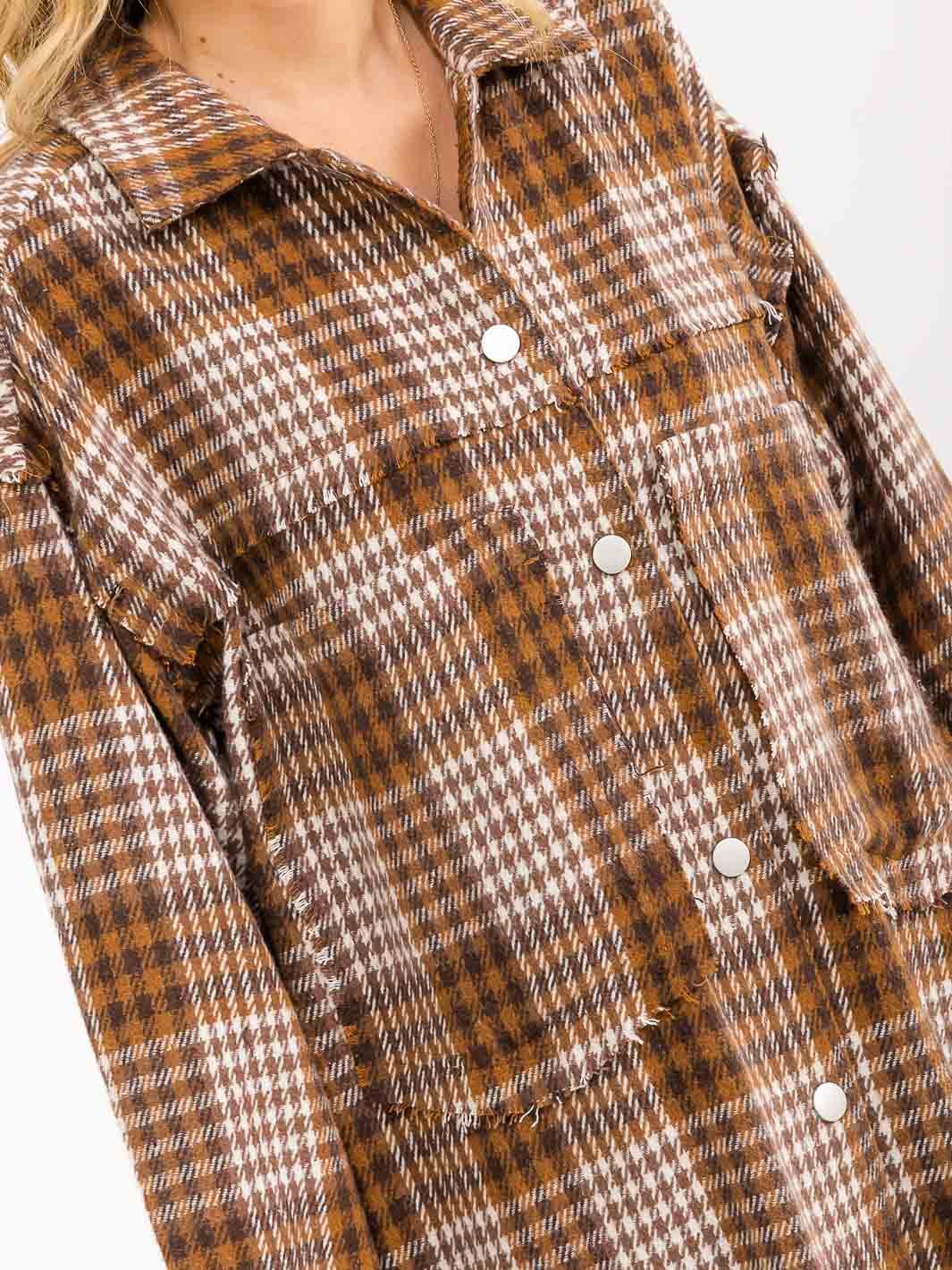 WOMEN'S LONG SLEEVE BUTTON CLOSURE FRONT POCKETS PLAID SHACKET