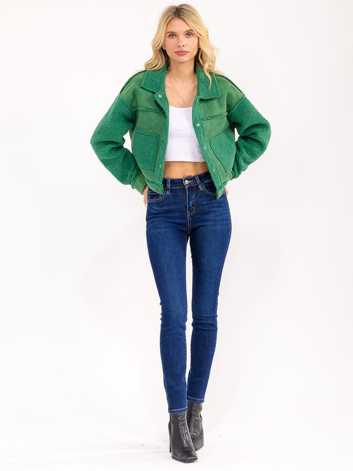 WOMEN'S LONG SLEEVE BUTTON UP FRONT POCKETS CONTRAST JACKET
