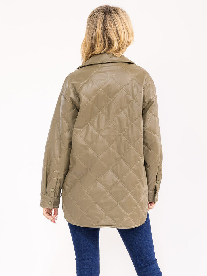 WOMEN'S LONG SLEEVE BUTTON CLOSURE FRONT POCKETS PU PLEATHER JACKET