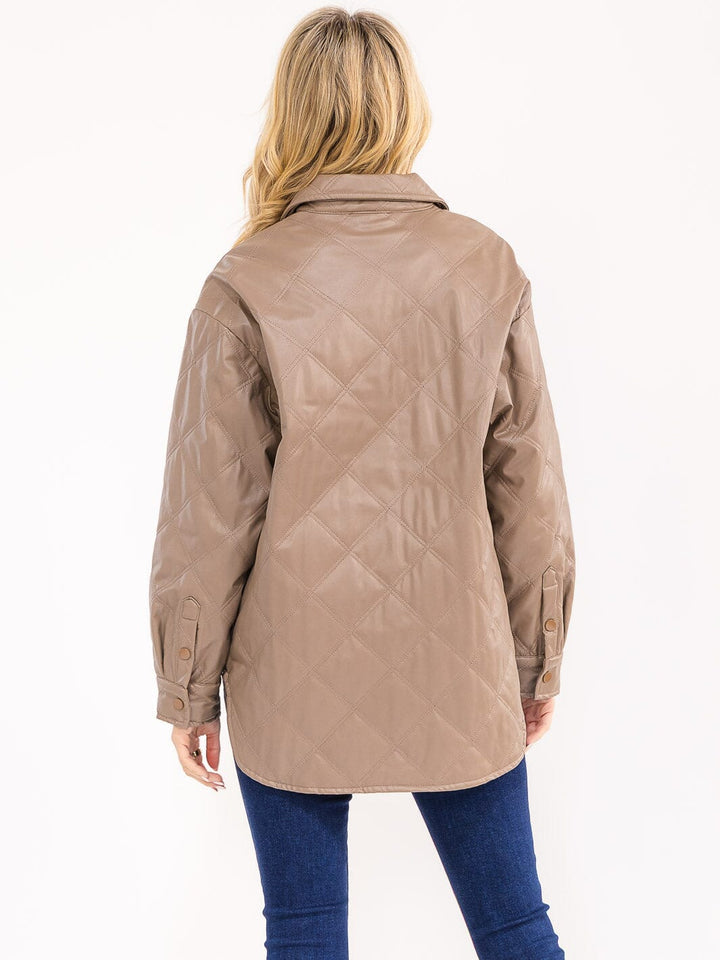 WOMEN'S LONG SLEEVE BUTTON CLOSURE FRONT POCKETS PU PLEATHER JACKET