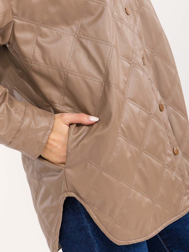 WOMEN'S LONG SLEEVE BUTTON CLOSURE FRONT POCKETS PU PLEATHER JACKET