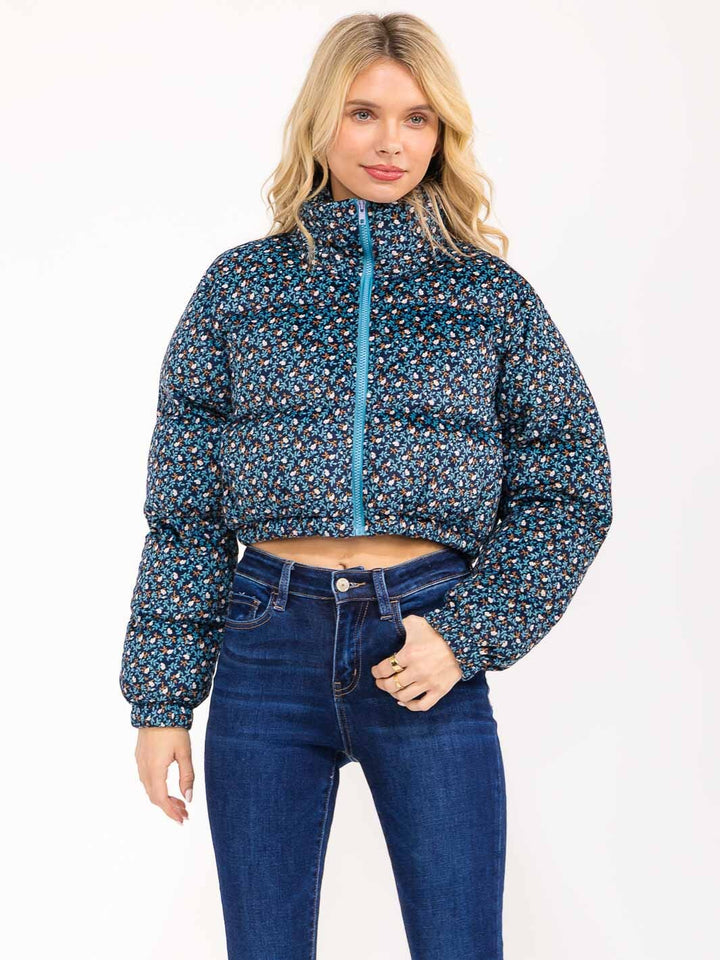 WOMEN'S LONG SLEEVE ZIP UP FRONT POCKETS FLORAL PUFFER JACKET