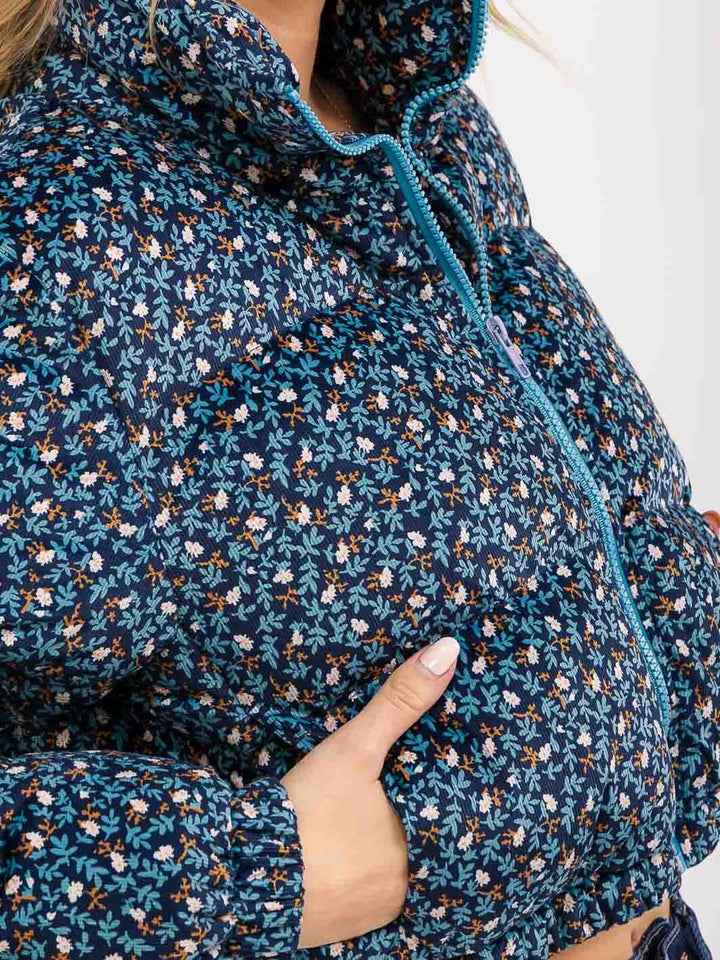 WOMEN'S LONG SLEEVE ZIP UP FRONT POCKETS FLORAL PUFFER JACKET