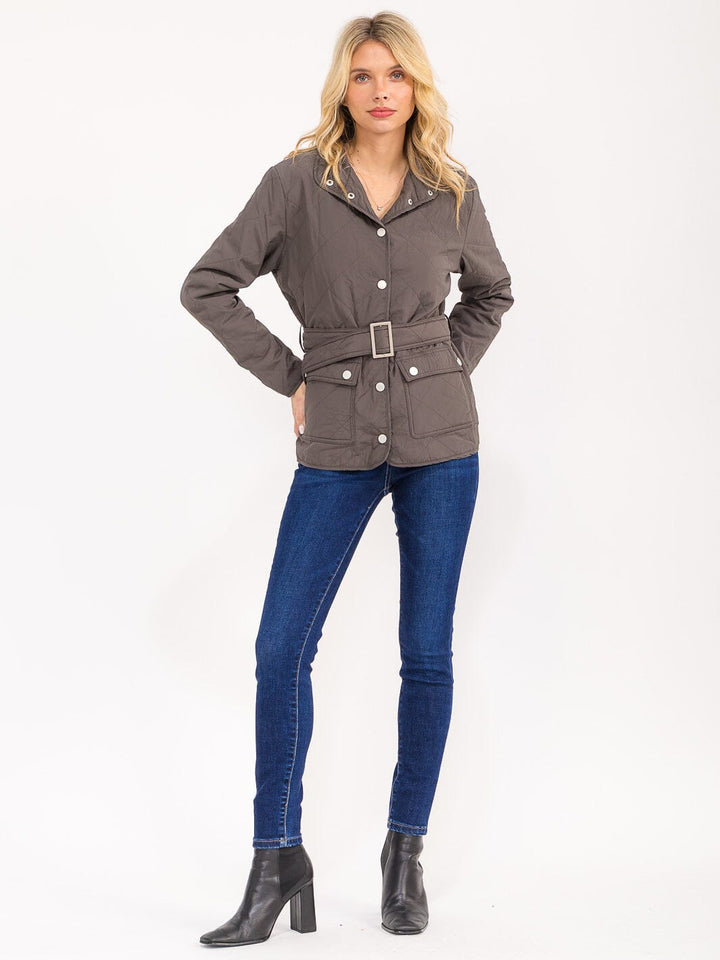 WOMEN'S LONG SLEEVE BUTTON CLOSURE FRONT POCKETS BELTED JACKET