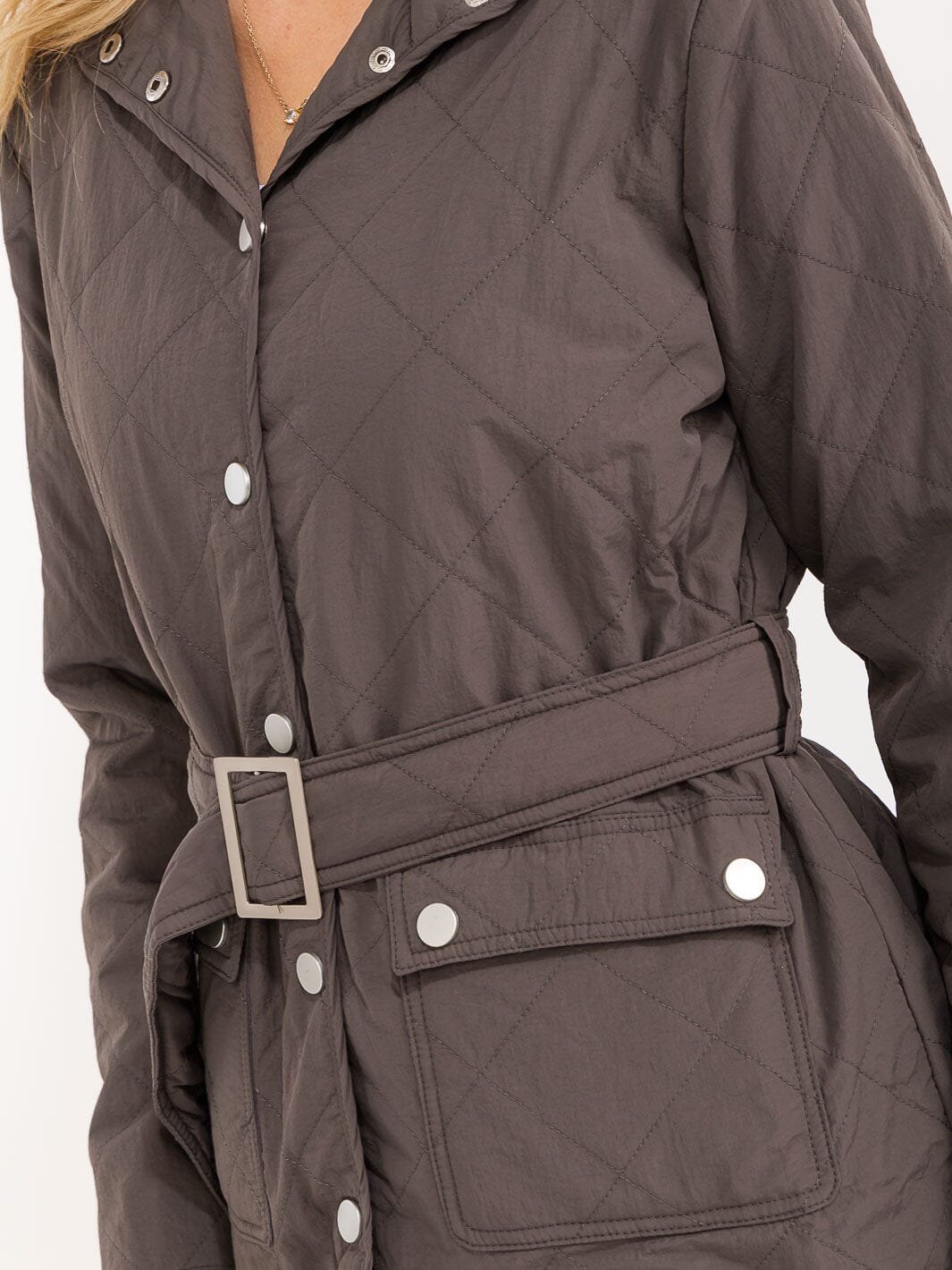 WOMEN'S LONG SLEEVE BUTTON CLOSURE FRONT POCKETS BELTED JACKET