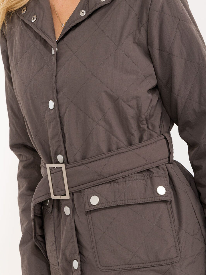 WOMEN'S LONG SLEEVE BUTTON CLOSURE FRONT POCKETS BELTED JACKET