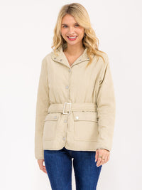 WOMEN'S LONG SLEEVE BUTTON CLOSURE FRONT POCKETS BELTED JACKET