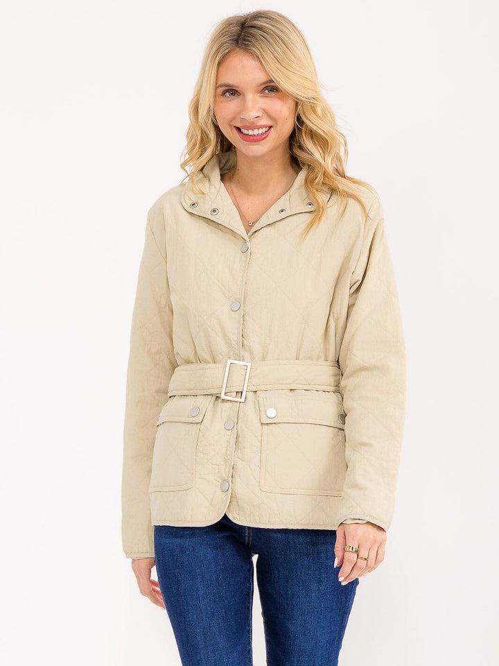 WOMEN'S LONG SLEEVE BUTTON CLOSURE FRONT POCKETS BELTED JACKET