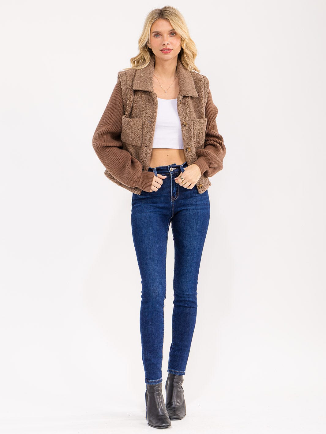 WOMEN'S LONG SLEEVE BUTTON UP FRONT POCKETS CONTRAST JACKET